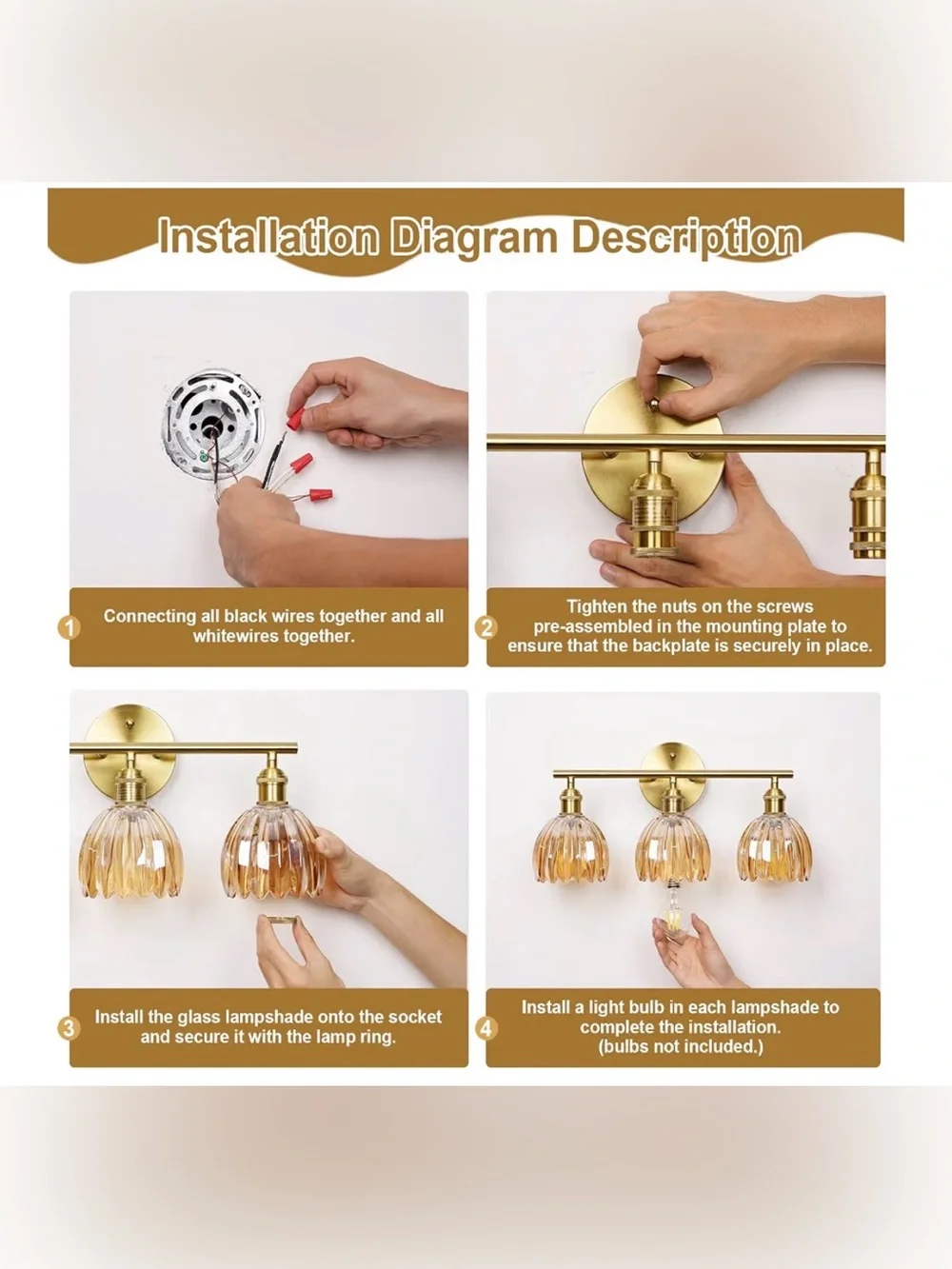 Vintsge Gold 3-Light Bathroom Vanity Sconce with Amber Glass Shades